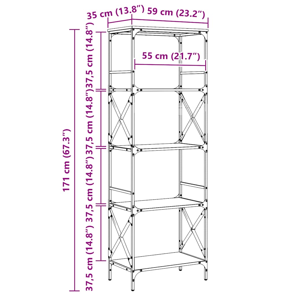 Bookcase 5-Tier Smoked Oak 59x35x171 cm Engineered Wood