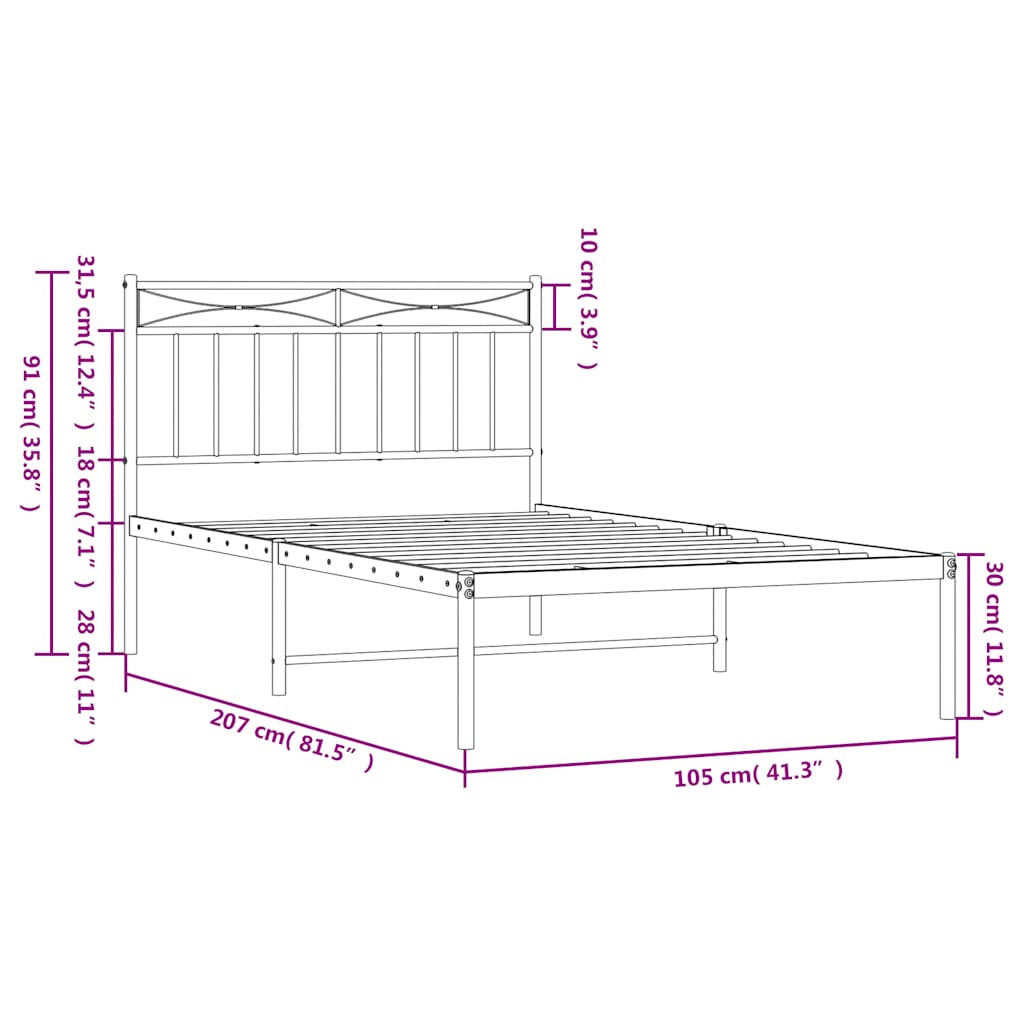 Metal Bed Frame without Mattress with Headboard Black 100x200cm