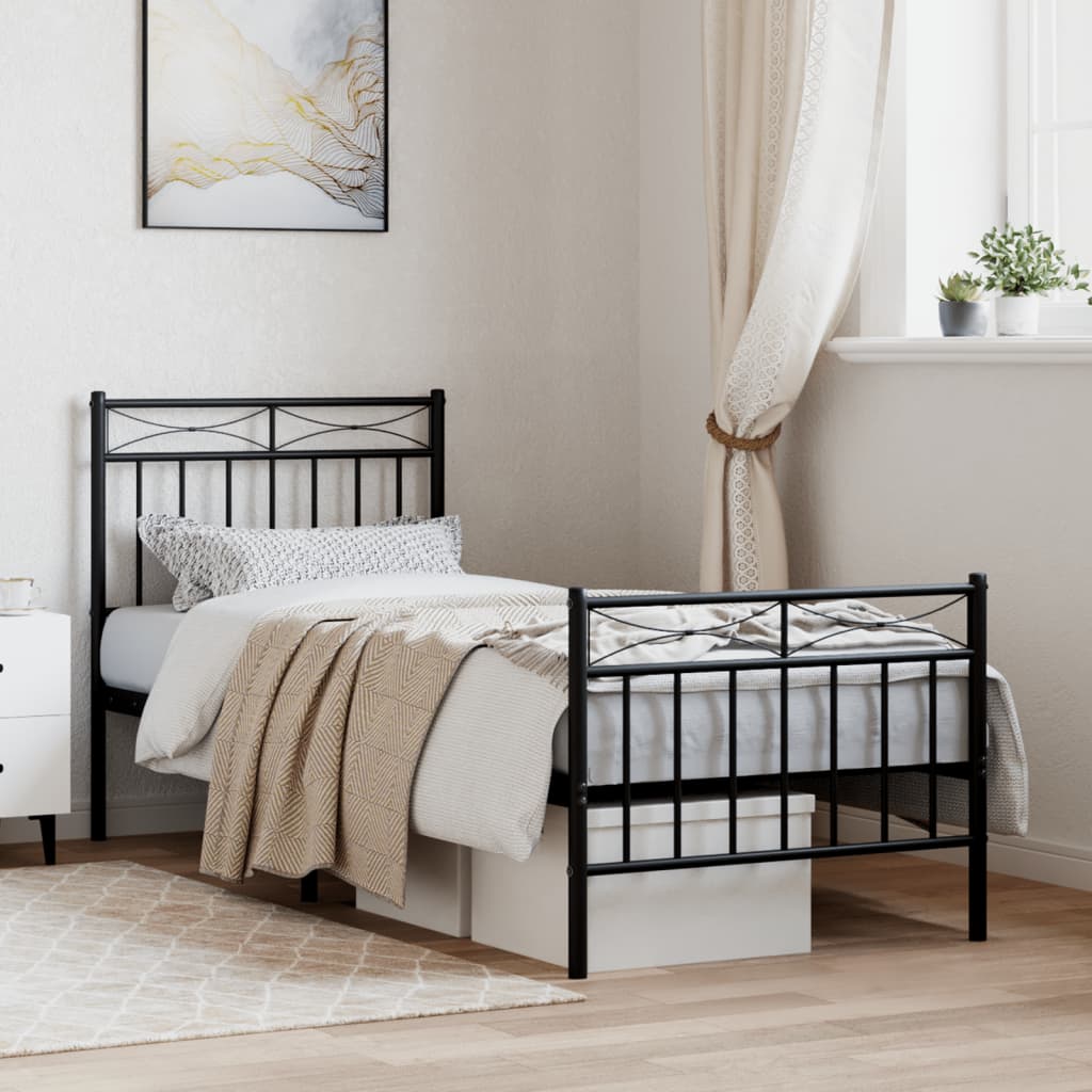 Metal Bed Frame without Mattress with Footboard Black 75x190cm