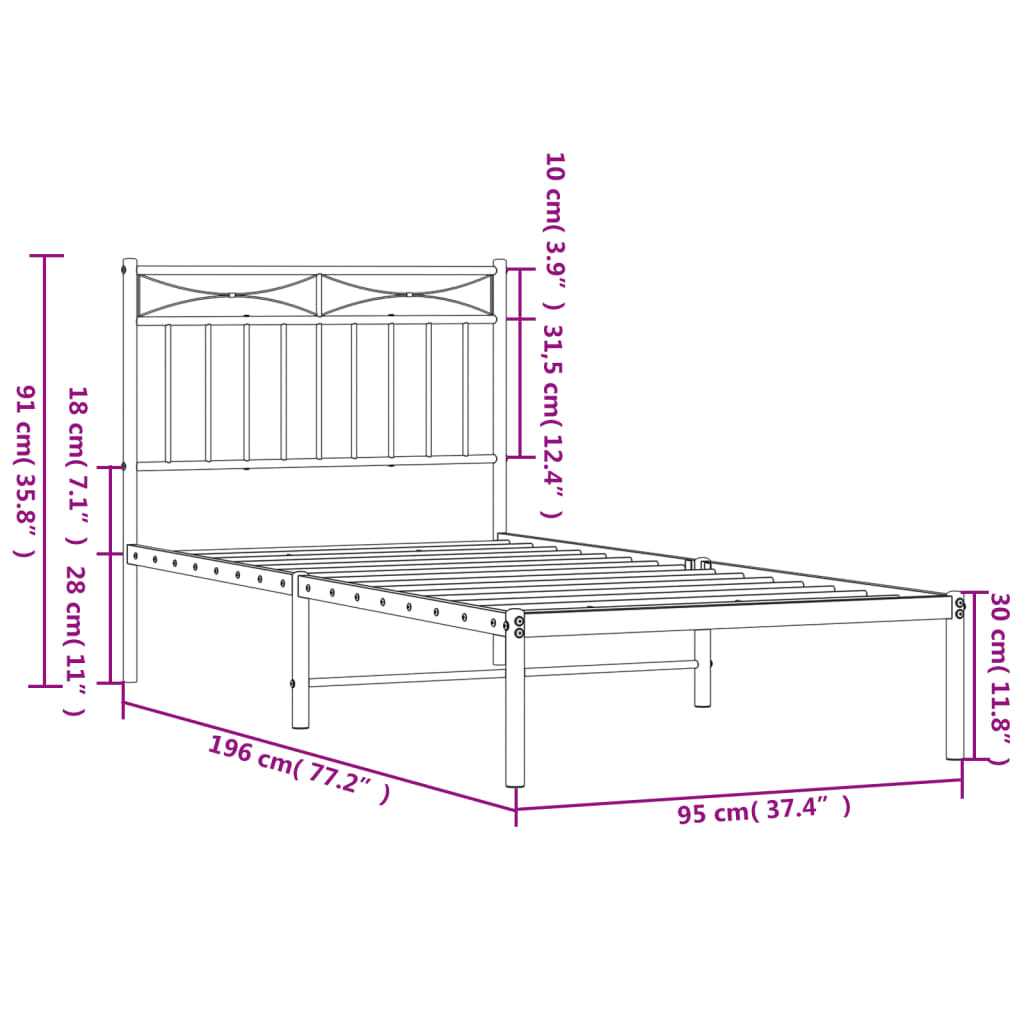 Metal Bed Frame without Mattress with Headboard White 90x190cm