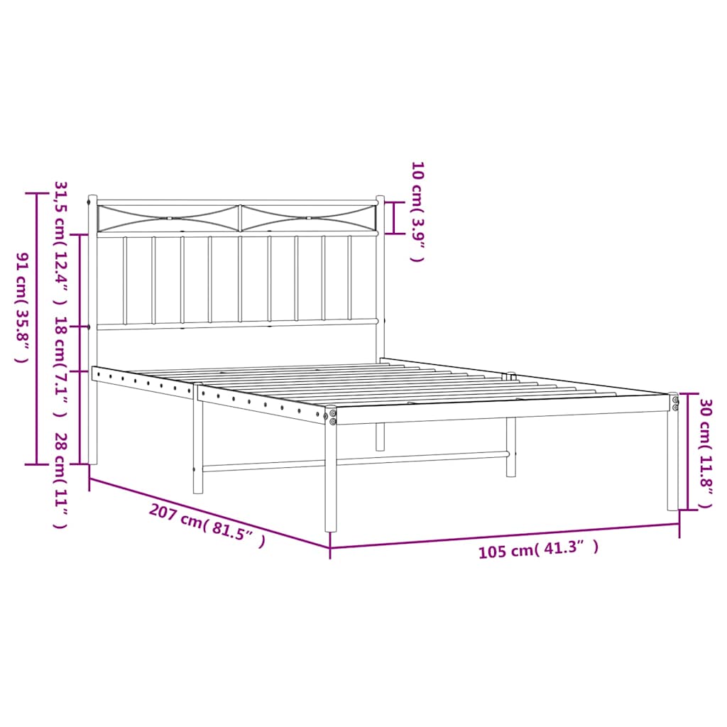 Metal Bed Frame without Mattress with Headboard White 100x200cm