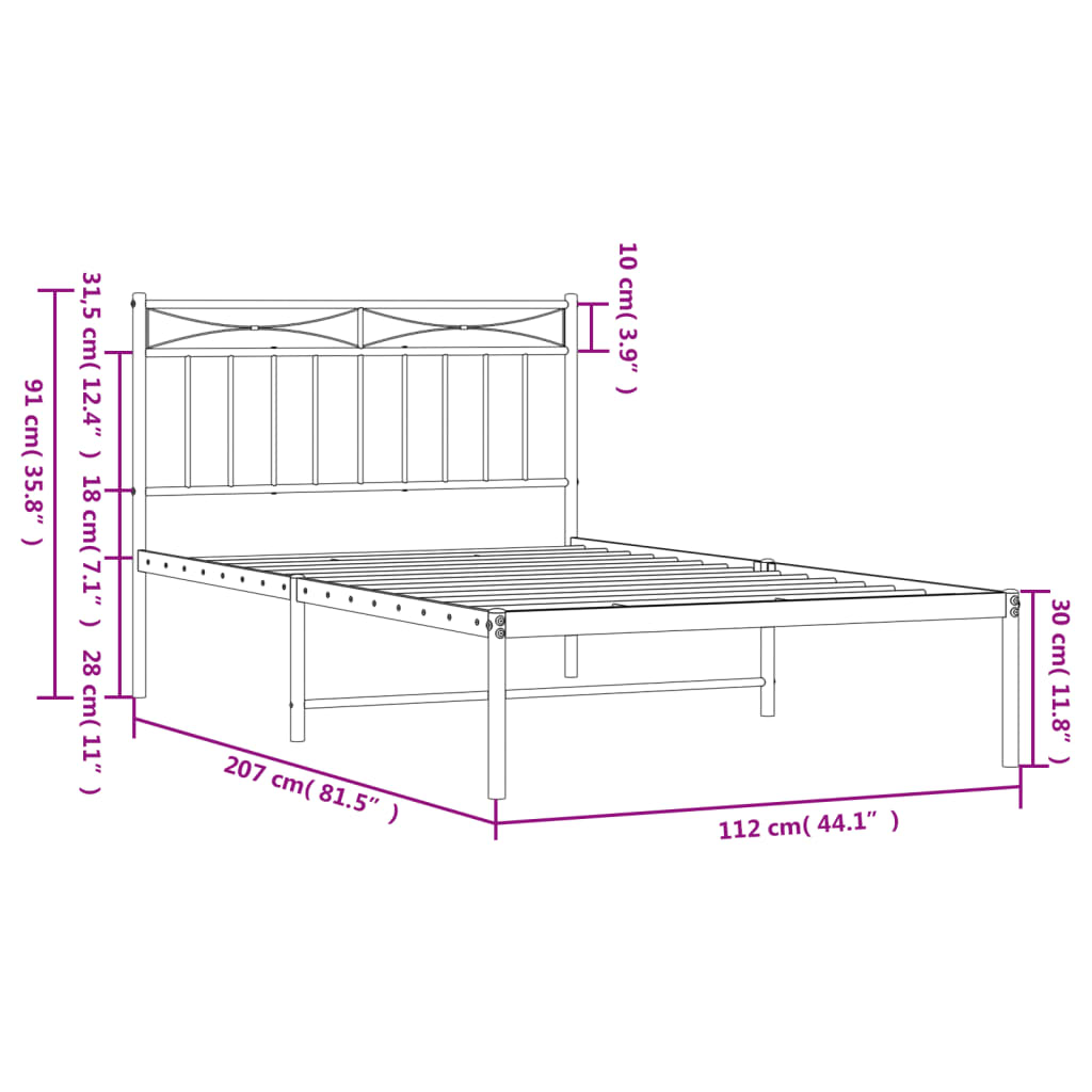 Metal Bed Frame without Mattress with Headboard White 107x203cm
