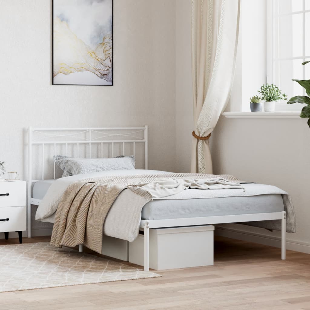 Metal Bed Frame without Mattress with Headboard White 107x203cm