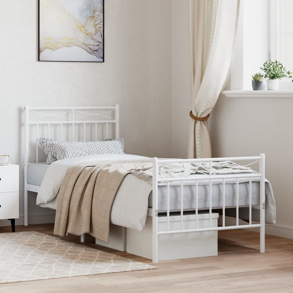 Metal Bed Frame without Mattress with Footboard White 75x190cm
