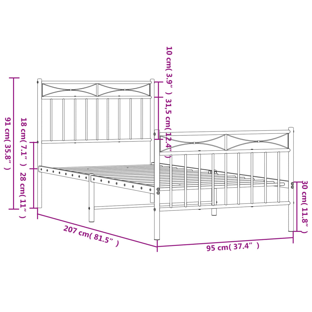 Metal Bed Frame without Mattress with Footboard White 90x200cm