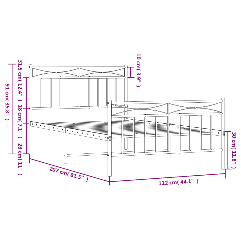 Metal Bed Frame without Mattress with Footboard White 107x203cm