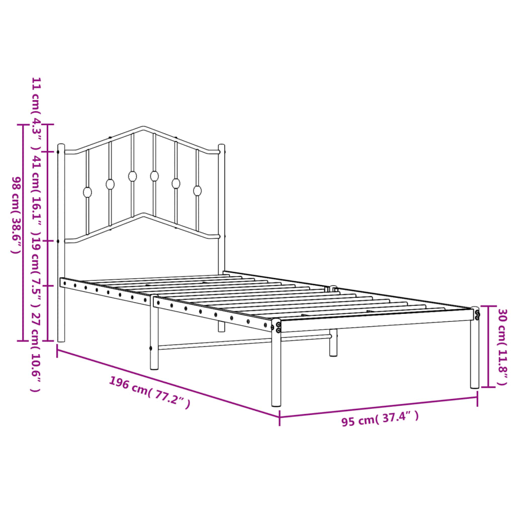 Metal Bed Frame without Mattress with Headboard Black 90x190cm