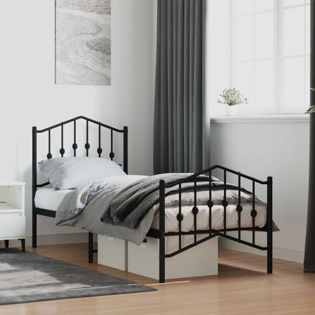 Metal Bed Frame without Mattress with Footboard Black 75x190cm