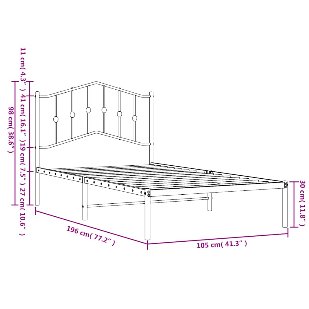 Metal Bed Frame without Mattress with Headboard White 100x190cm