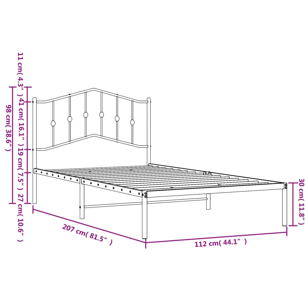 Metal Bed Frame without Mattress with Headboard White 107x203cm