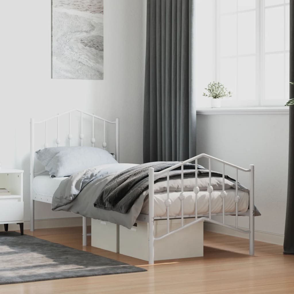 Metal Bed Frame without Mattress with Footboard White 75x190cm