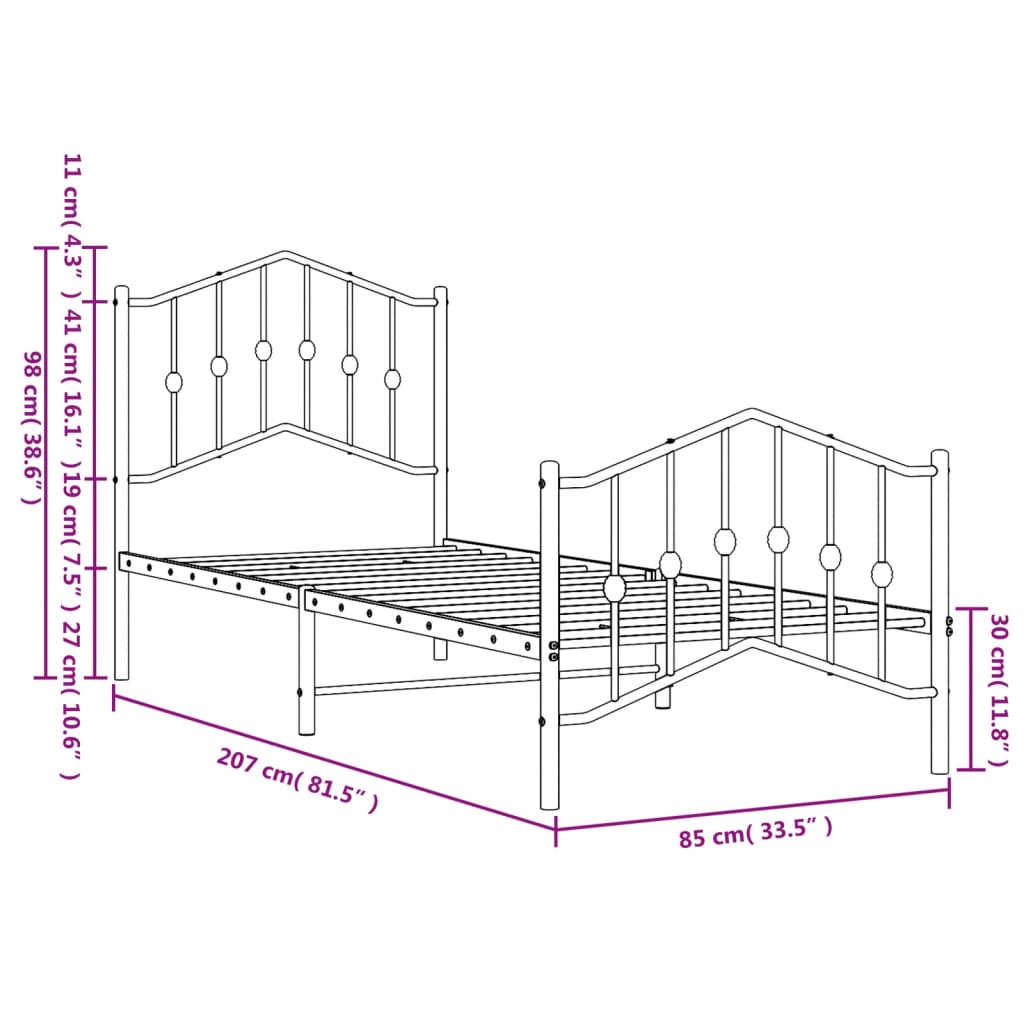 Metal Bed Frame without Mattress with Footboard White 80x200cm