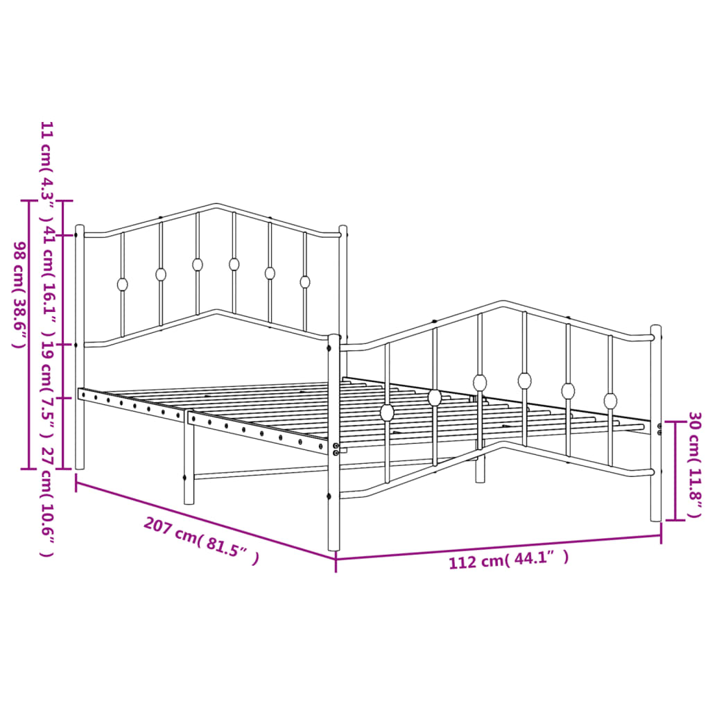 Metal Bed Frame without Mattress with Footboard White 107x203cm