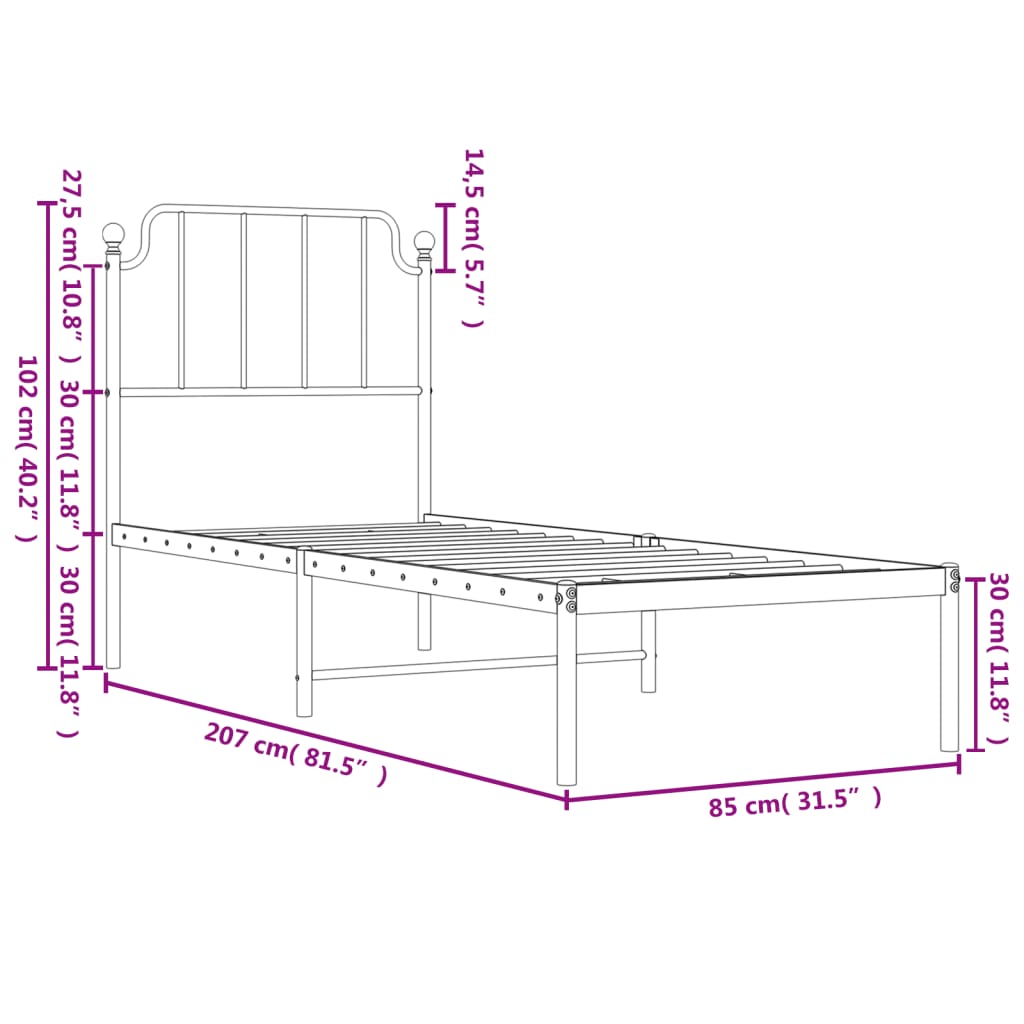 Metal Bed Frame without Mattress with Headboard Black 80x200cm