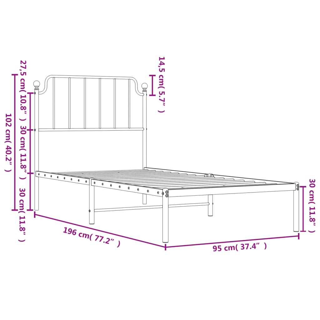 Metal Bed Frame without Mattress with Headboard Black 90x190cm