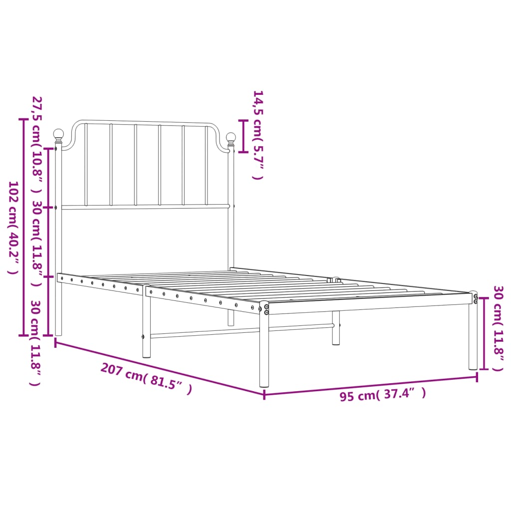 Metal Bed Frame without Mattress with Headboard Black 90x200cm