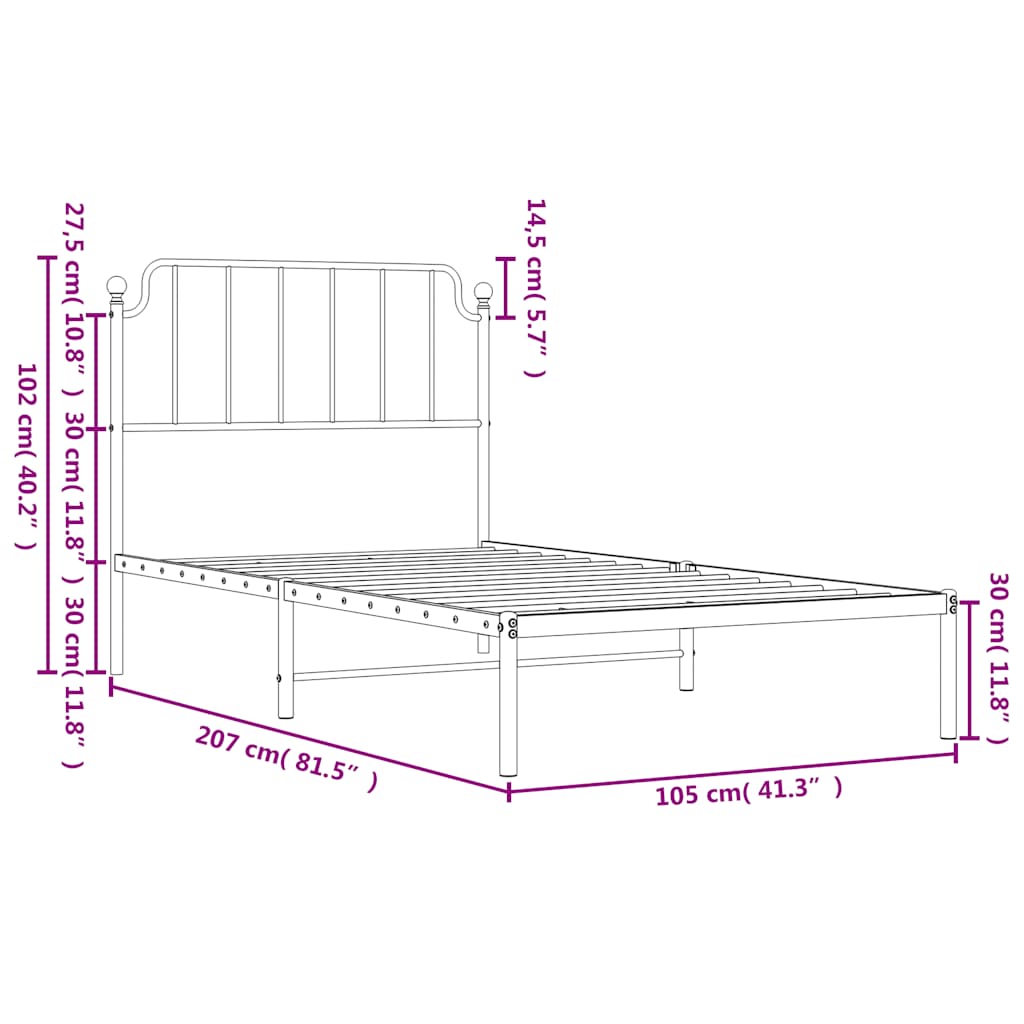 Metal Bed Frame without Mattress with Headboard Black 100x200cm