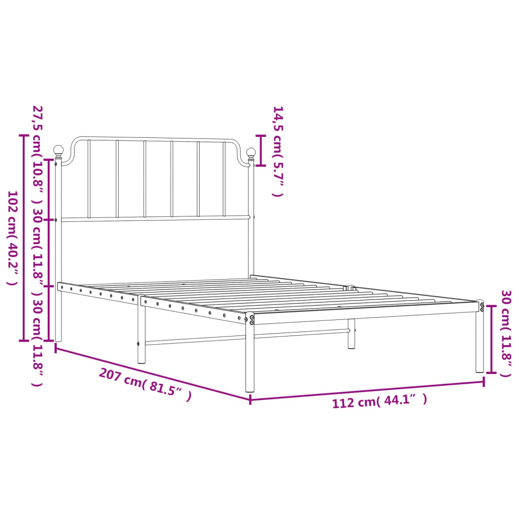 Metal Bed Frame without Mattress with Headboard Black 107x203cm