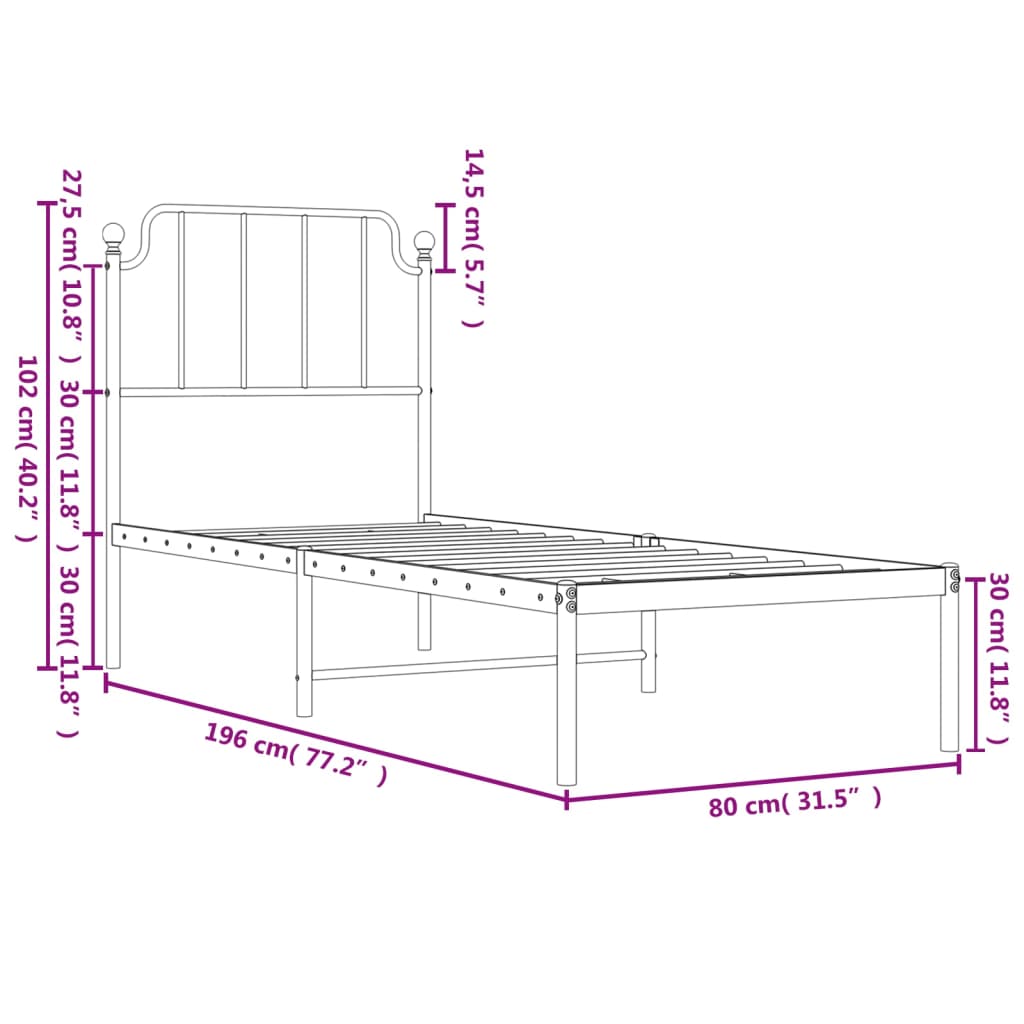 Metal Bed Frame without Mattress with Headboard White 75x190cm