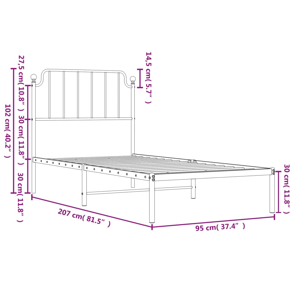 Metal Bed Frame without Mattress with Headboard White 90x200cm