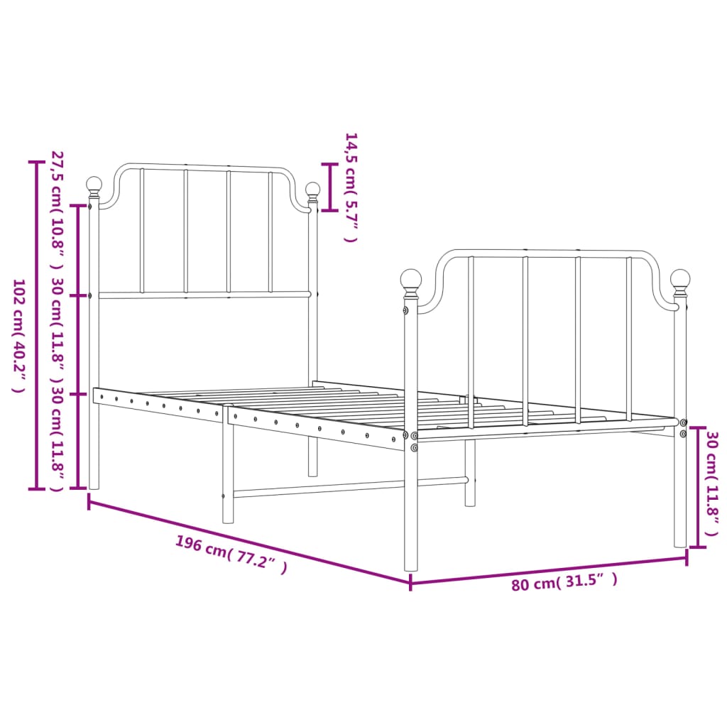Metal Bed Frame without Mattress with Footboard White 75x190cm