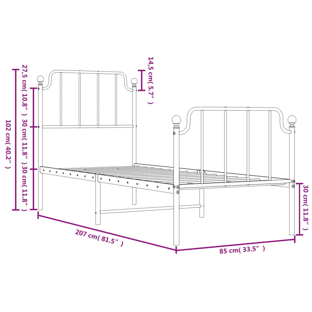 Metal Bed Frame without Mattress with Footboard White 80x200cm