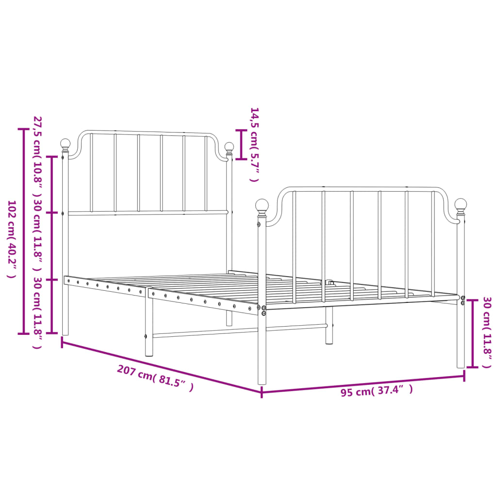 Metal Bed Frame without Mattress with Footboard White 90x200cm