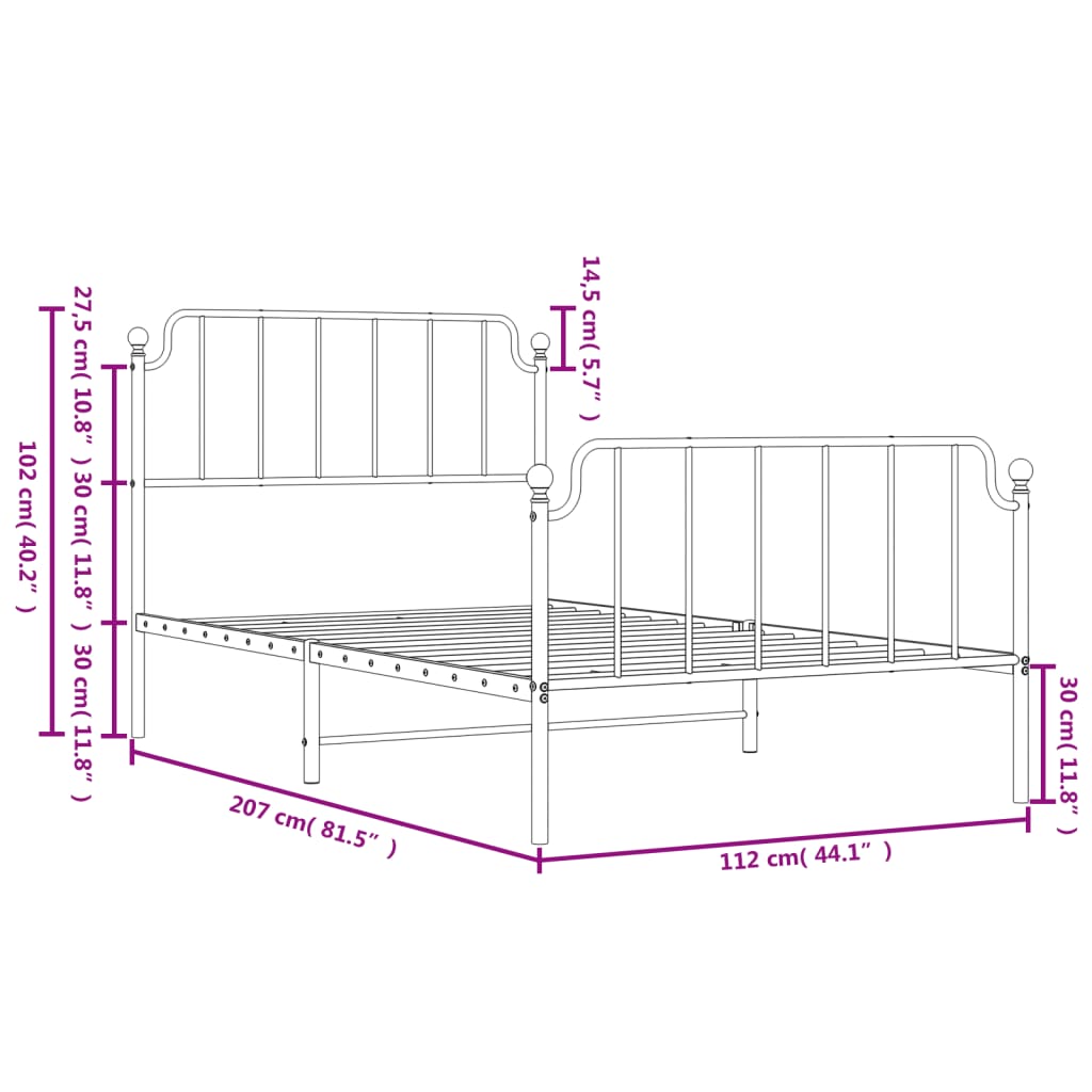 Metal Bed Frame without Mattress with Footboard White 107x203cm