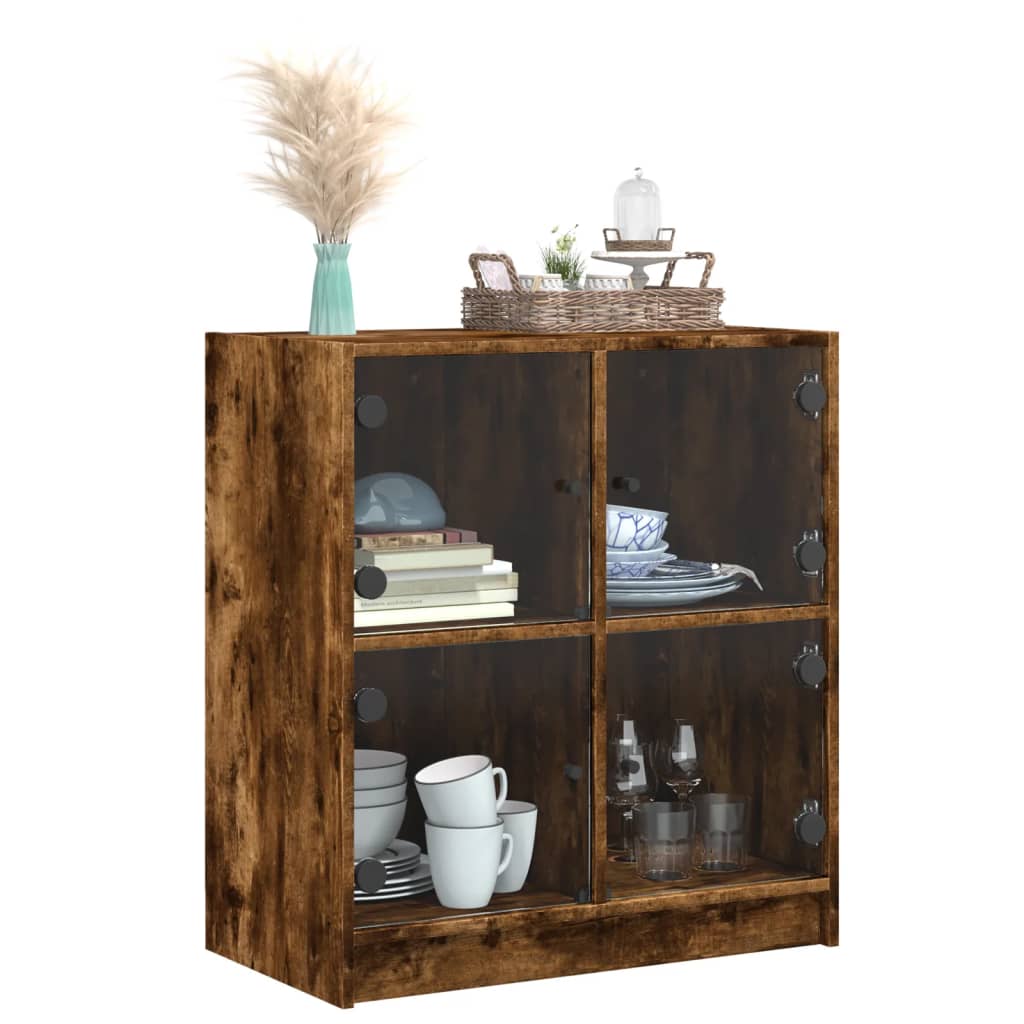 Side Cabinet with Glass Doors Smoked Oak 68x37x75.5 cm