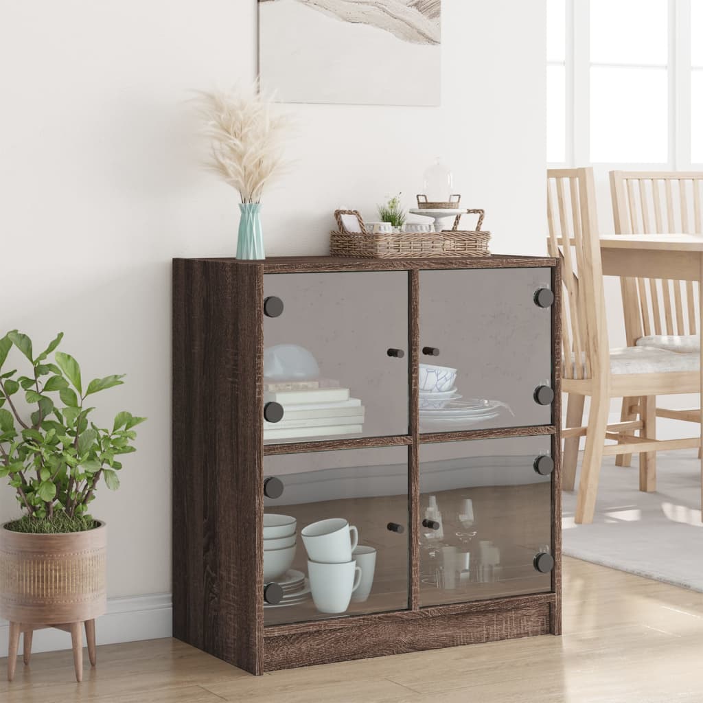 Side Cabinet with Glass Doors Brown Oak 68x37x75.5 cm