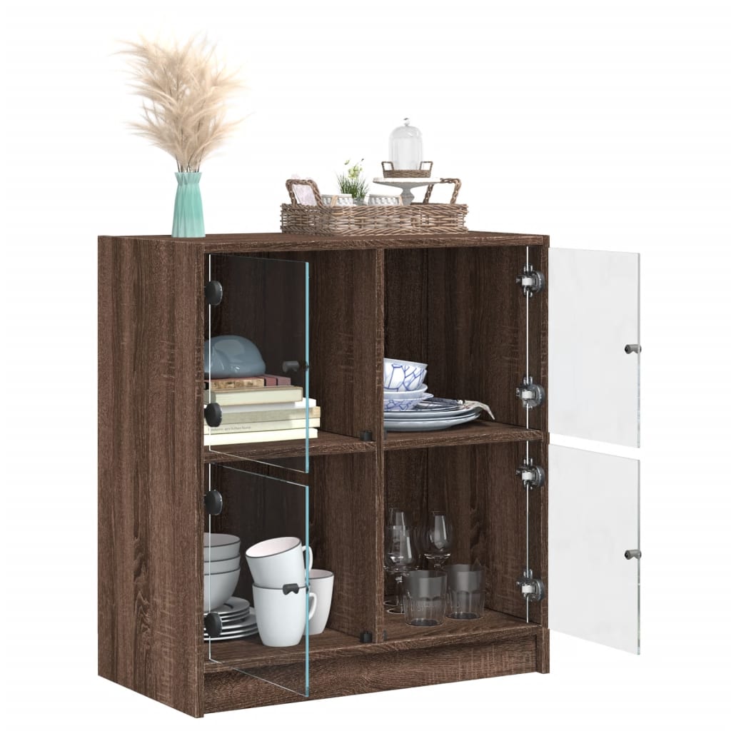 Side Cabinet with Glass Doors Brown Oak 68x37x75.5 cm