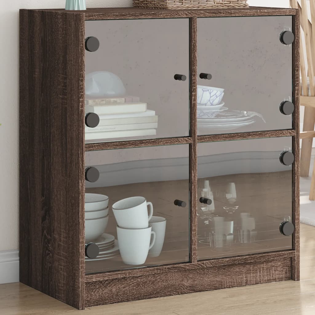Side Cabinet with Glass Doors Brown Oak 68x37x75.5 cm