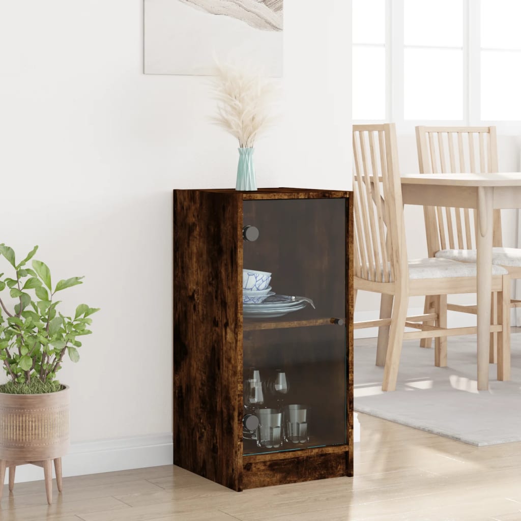 Side Cabinet with Glass Doors Smoked Oak 35x37x75.5 cm