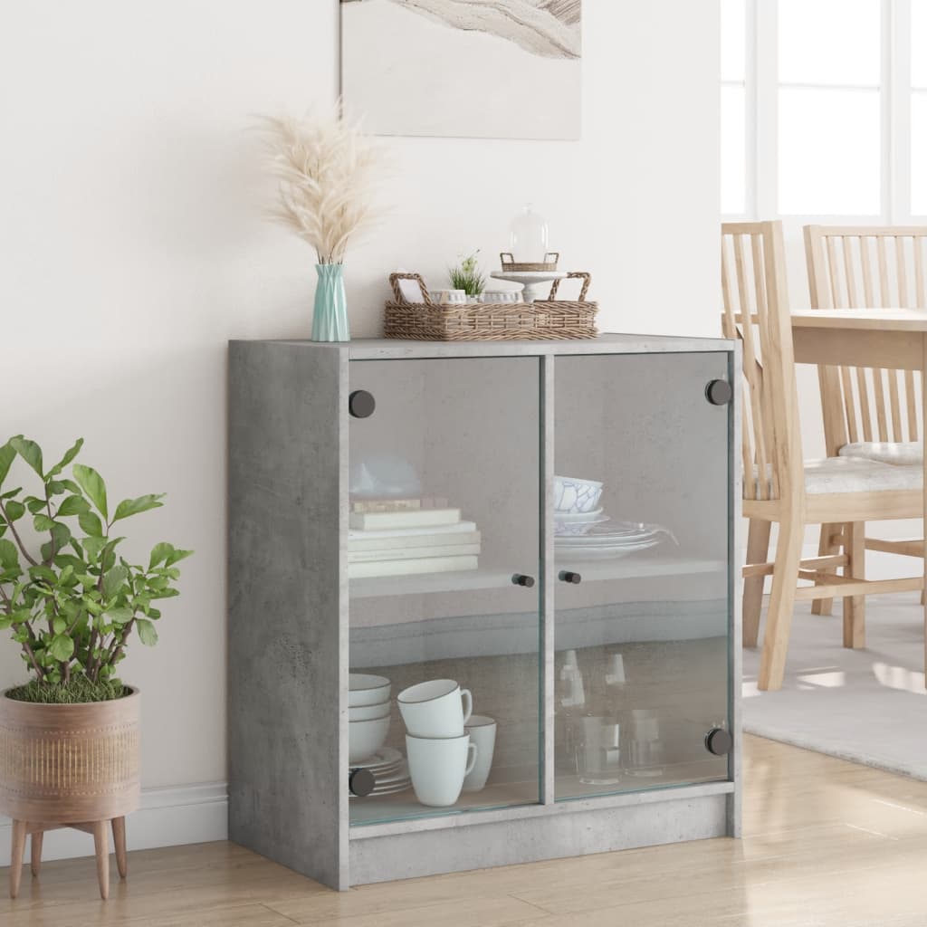 Side Cabinet with Glass Doors Concrete Grey 68x37x75.5 cm