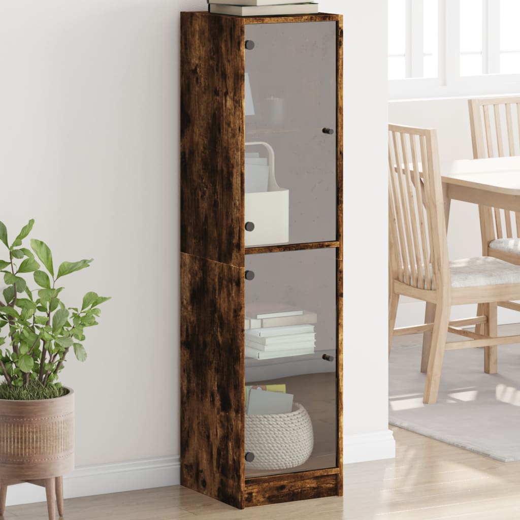 Highboard with Glass Doors Smoked Oak 35x37x142 cm
