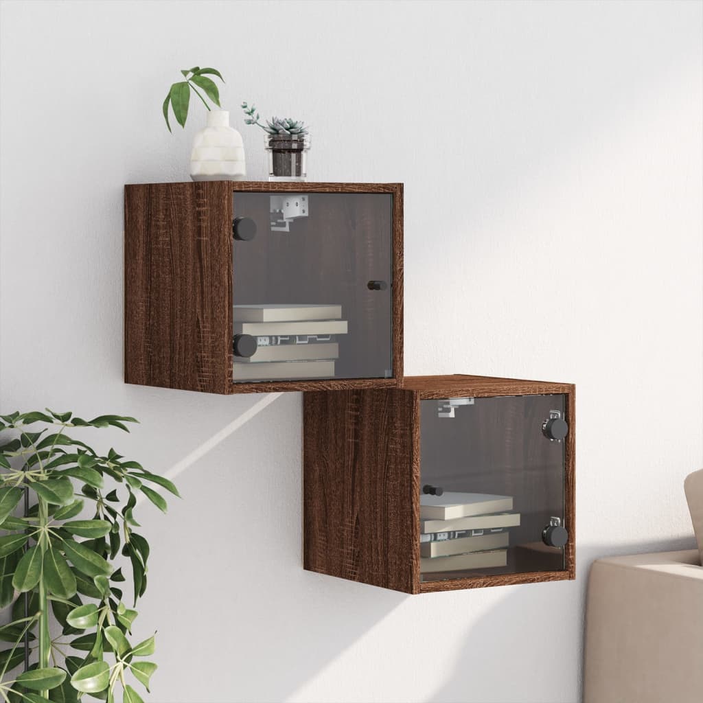 Bedside Cabinets with Glass Doors 2 pcs Brown Oak 35x37x35 cm