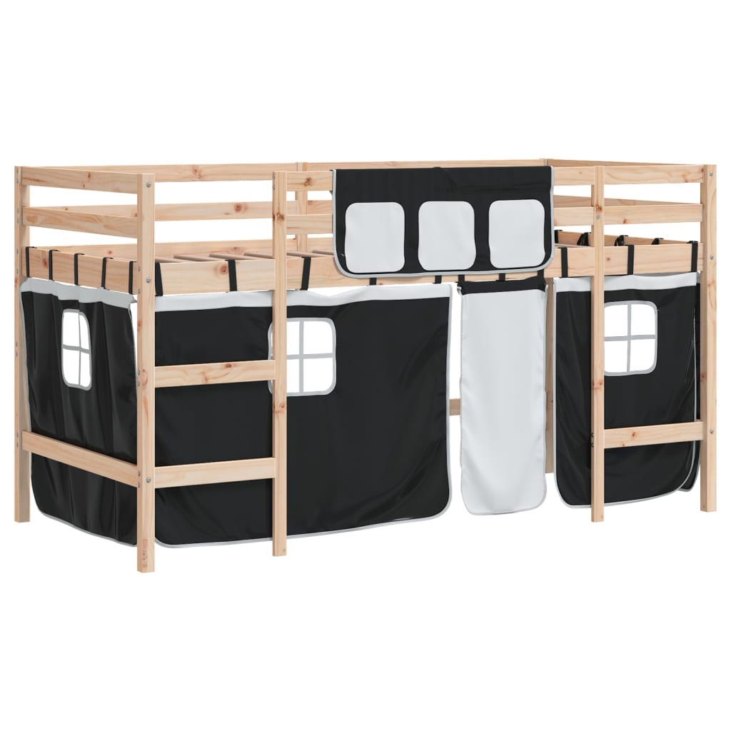 Kids' Loft Bed with Curtains without Mattress White&Black 80x200cm