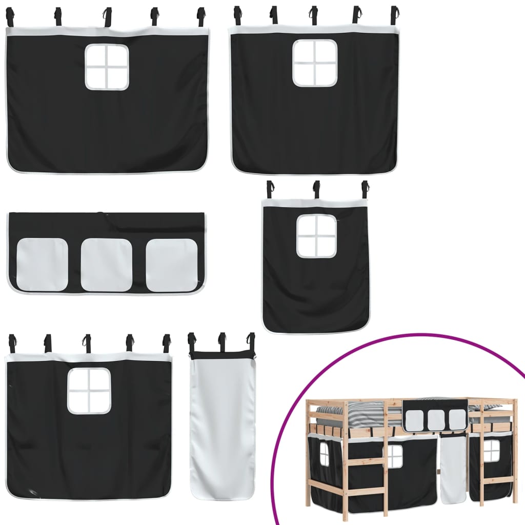 Kids' Loft Bed with Curtains without Mattress White&Black 80x200cm