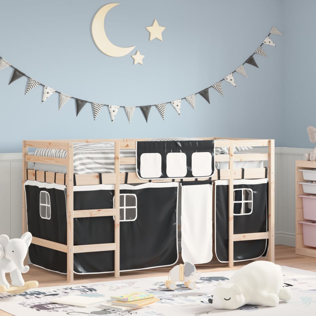 Kids' Loft Bed with Curtains without Mattress White&Black 80x200cm