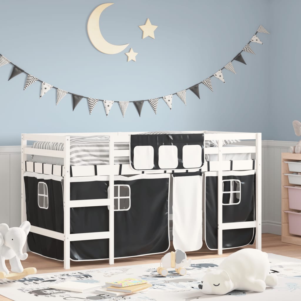Kids' Loft Bed with Curtains without Mattress White&Black 80x200cm