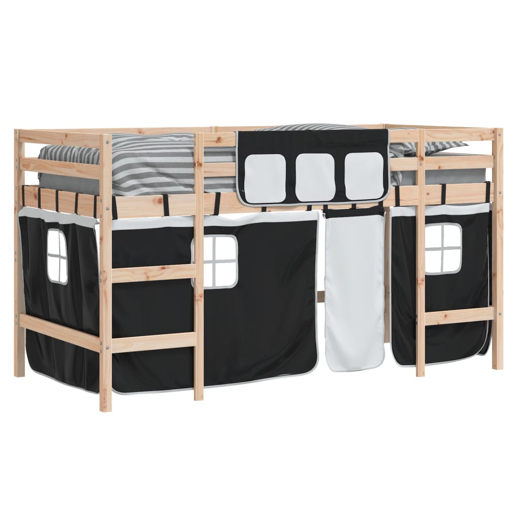 Kids' Loft Bed with Curtains without Mattress White&Black 90x200cm