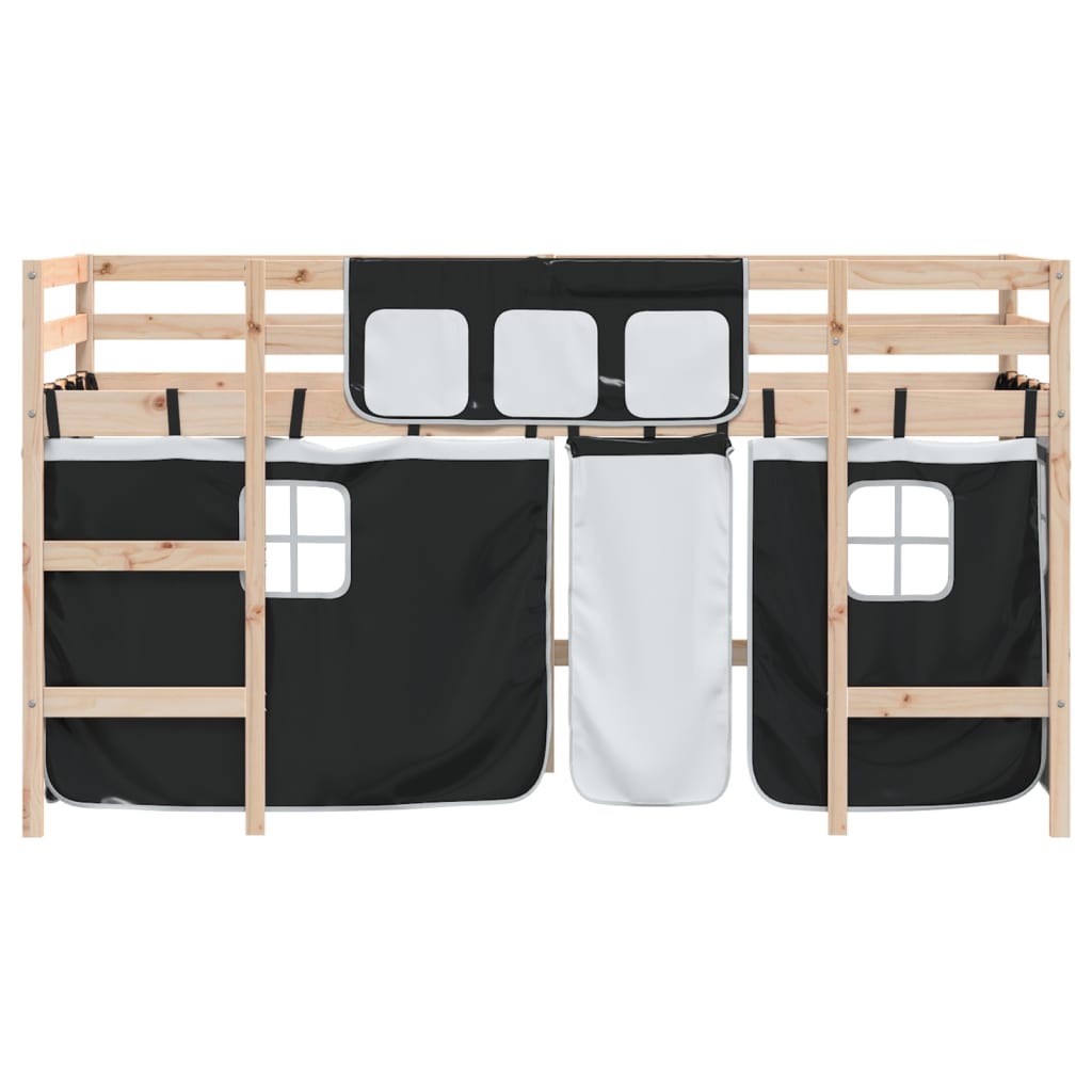 Kids' Loft Bed with Curtains without Mattress White&Black 90x200cm