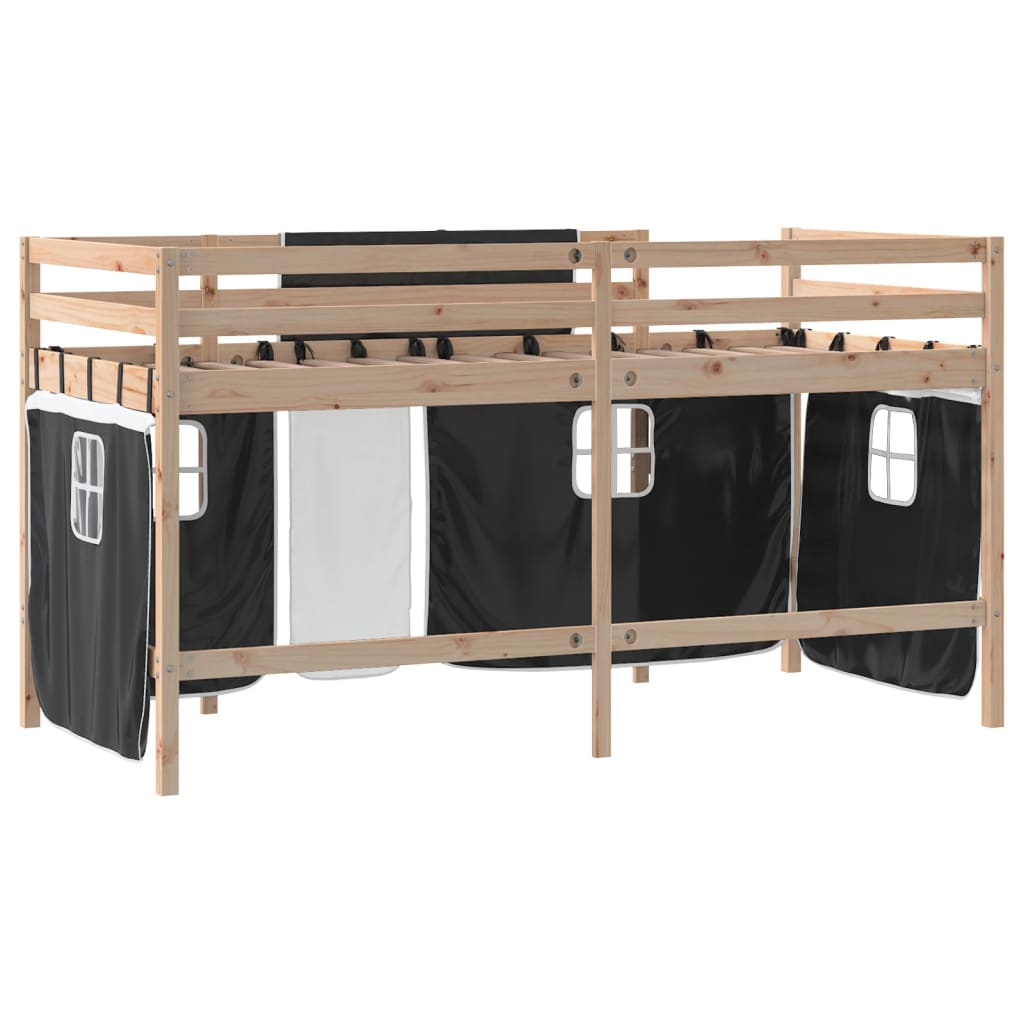 Kids' Loft Bed with Curtains without Mattress White&Black 90x200cm