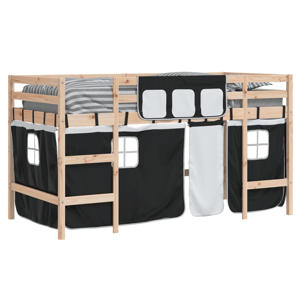 Kids' Loft Bed with Curtains without Mattress White&Black 90x190cm