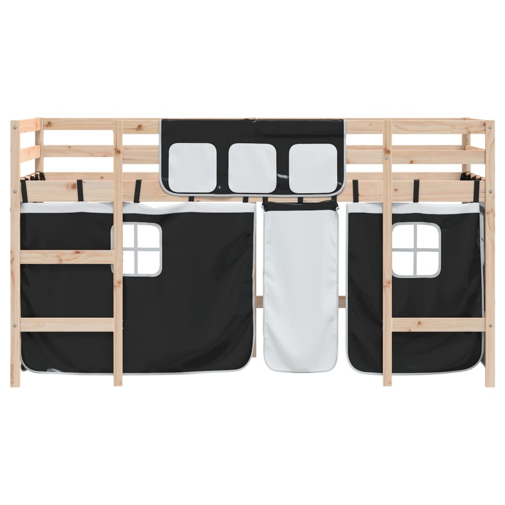 Kids' Loft Bed with Curtains without Mattress White&Black 90x190cm
