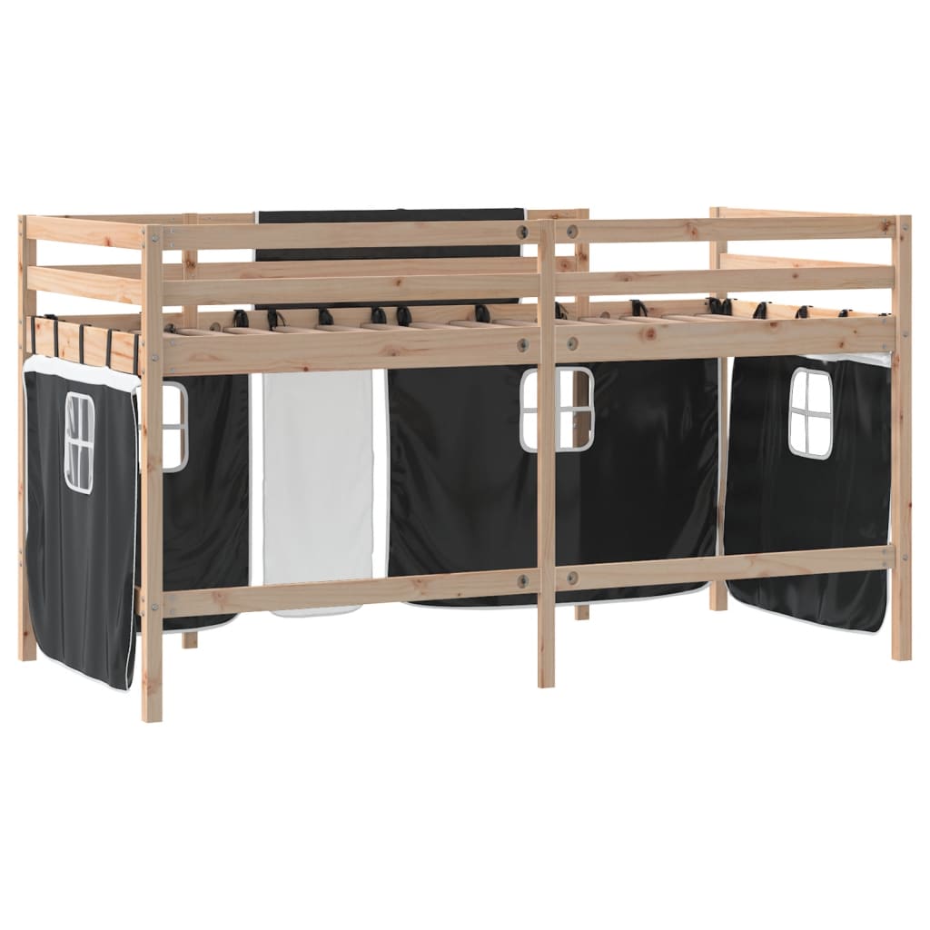 Kids' Loft Bed with Curtains without Mattress White&Black 90x190cm