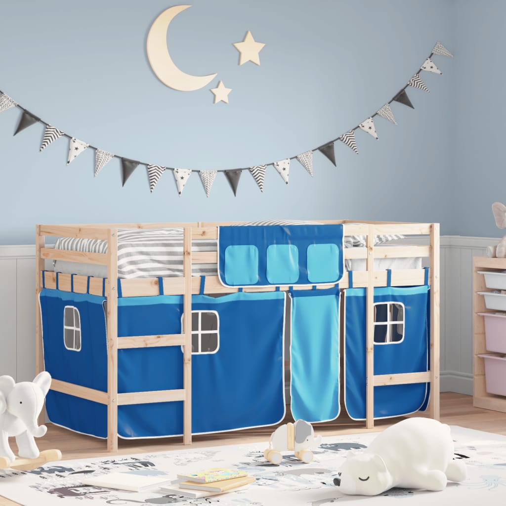 Kids' Loft Bed with Curtains without Mattress Blue 90x190cm