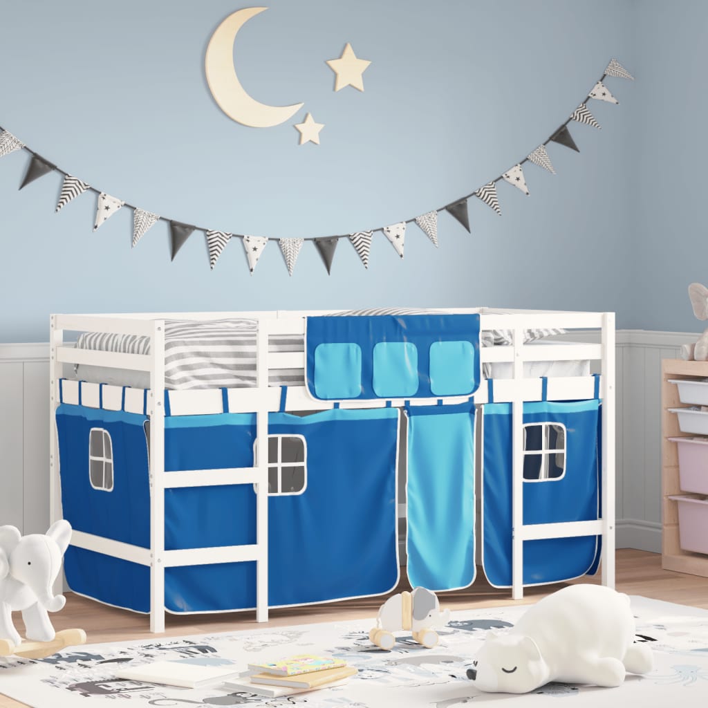 Kids' Loft Bed with Curtains without Mattress Blue 90x190cm