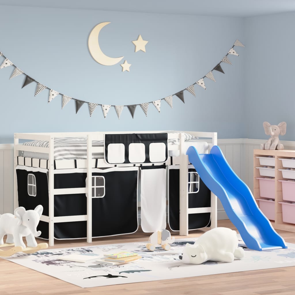 Kids' Loft Bed with Curtains without Mattress White&Black 80x200cm