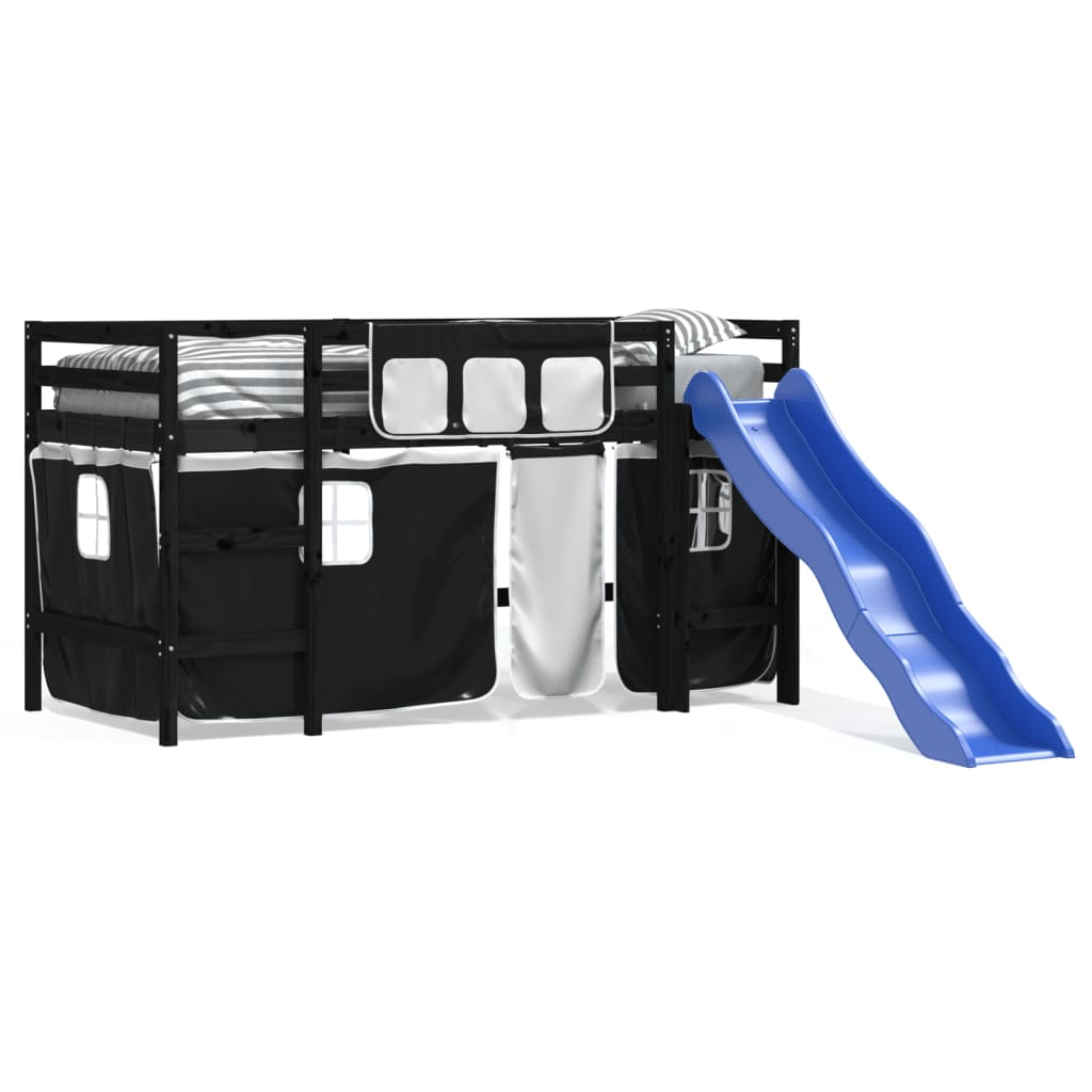 Kids' Loft Bed with Curtains without Mattress White&Black 80x200cm